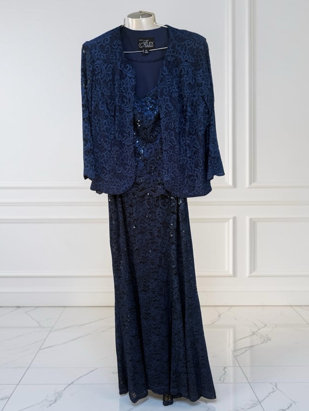 Alex Evenings Navy Beaded Lace Evening Gown with Jacket